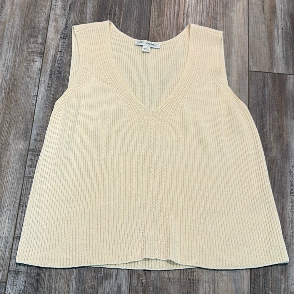 St. John Stretch Ribbed Cream V Neck Tank Top Large